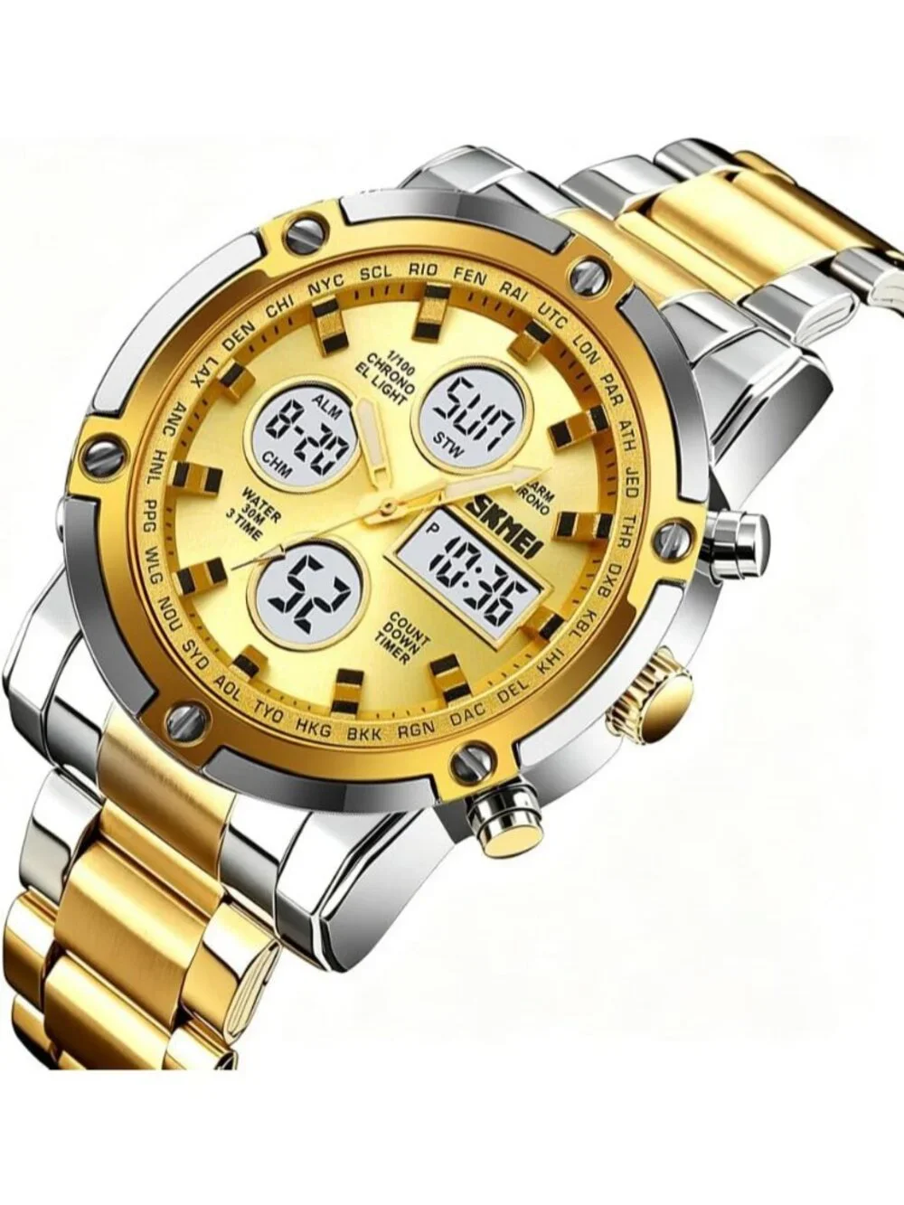 Men’s Two Tone Gold Analog-Digital Stainless Steel Large Face Chronograph Watch